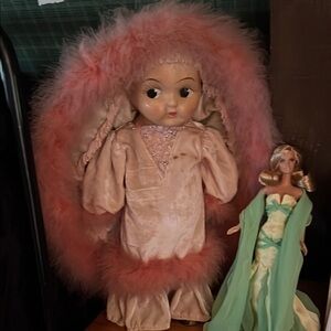 Vintage Pink Doll with Feathered Outfit